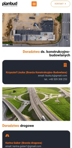 Zrzut ekranu strony mobilnej firmy Planbud prezentujący ofertę doradztwa w zakresie konstrukcji budowlanych oraz inżynierii drogowej wraz z kontaktami do specjalistów.